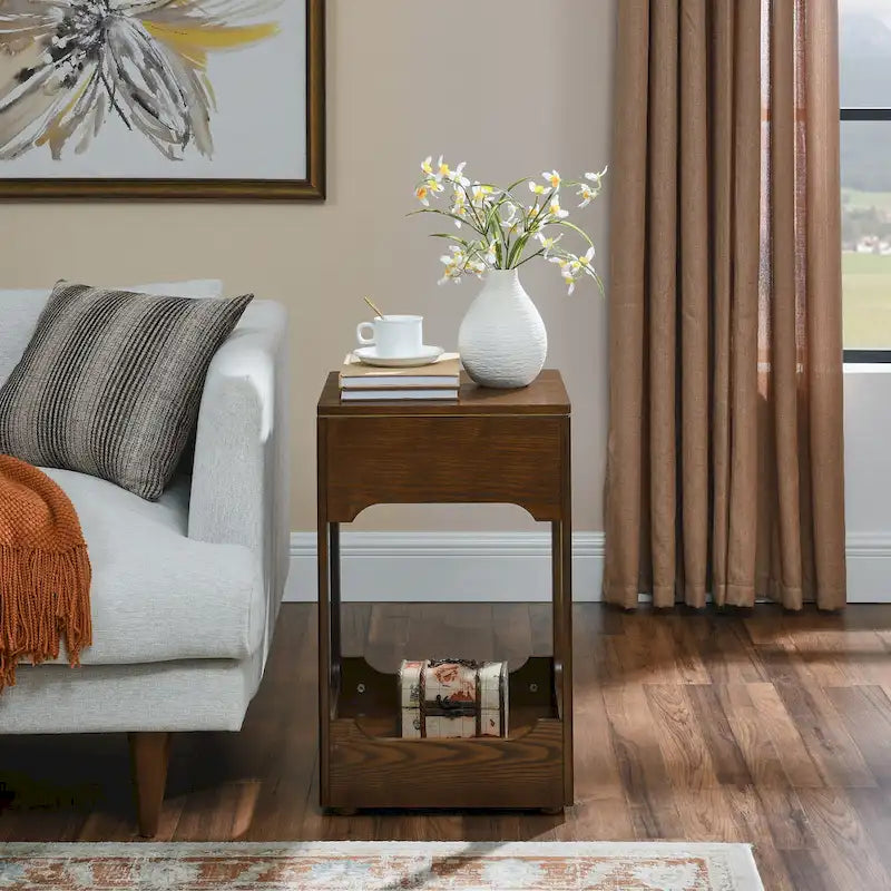 Tavolino con ripiano superiore a sollevamento marrone con ripiano portaoggetti, venature del legno e finiture dorate, 1 persona