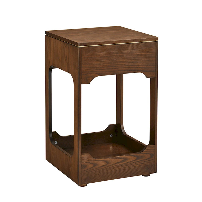 Tavolino con ripiano superiore a sollevamento marrone con ripiano portaoggetti, venature del legno e finiture dorate, 1 persona
