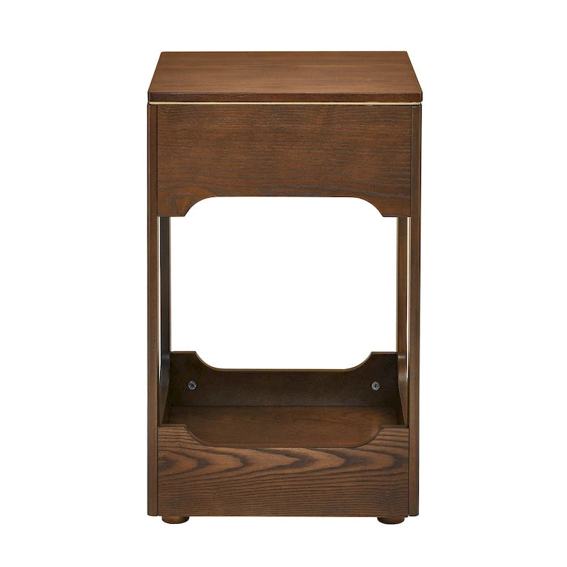 Tavolino con ripiano superiore a sollevamento marrone con ripiano portaoggetti, venature del legno e finiture dorate, 1 persona