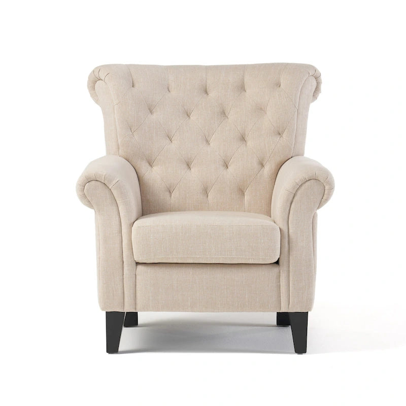 Poltrona singola in tessuto beige con braccioli arrotolati e bottoni decorativi