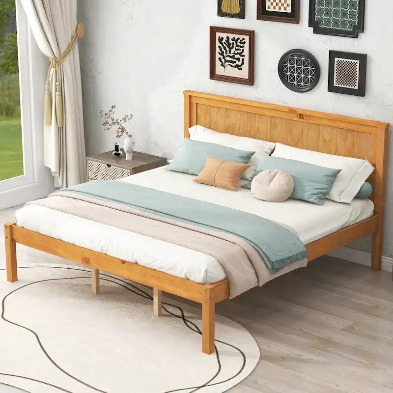 Letto a piattaforma Queen Espresso con testiera, legno di pino, adatto per 1-2 persone