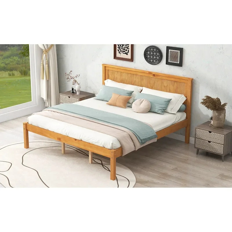 Letto a piattaforma Queen Espresso con testiera, legno di pino, adatto per 1-2 persone