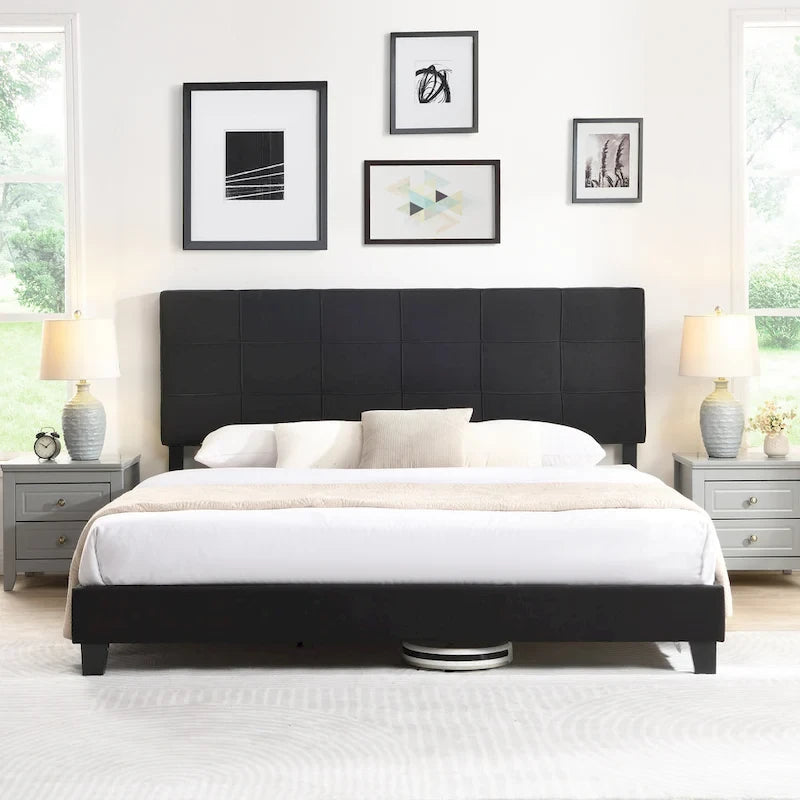 Letto a piattaforma imbottito in lino nero, King, 2 persone