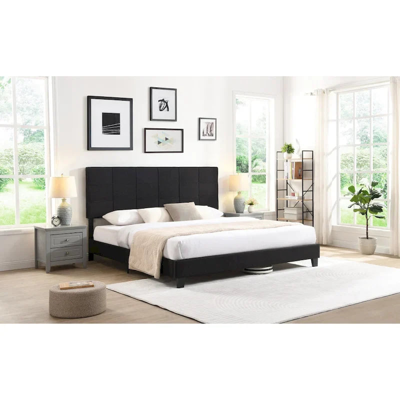 Letto a piattaforma imbottito in lino nero, King, 2 persone