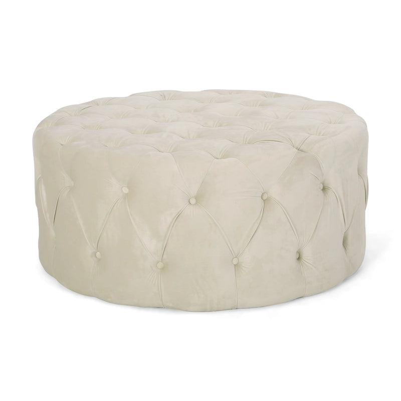 Pouf rotondo trapuntato in velluto – Grigio / Beige / Blu, seduta singola
