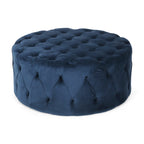 Pouf rotondo trapuntato in velluto – Grigio / Beige / Blu, seduta singola