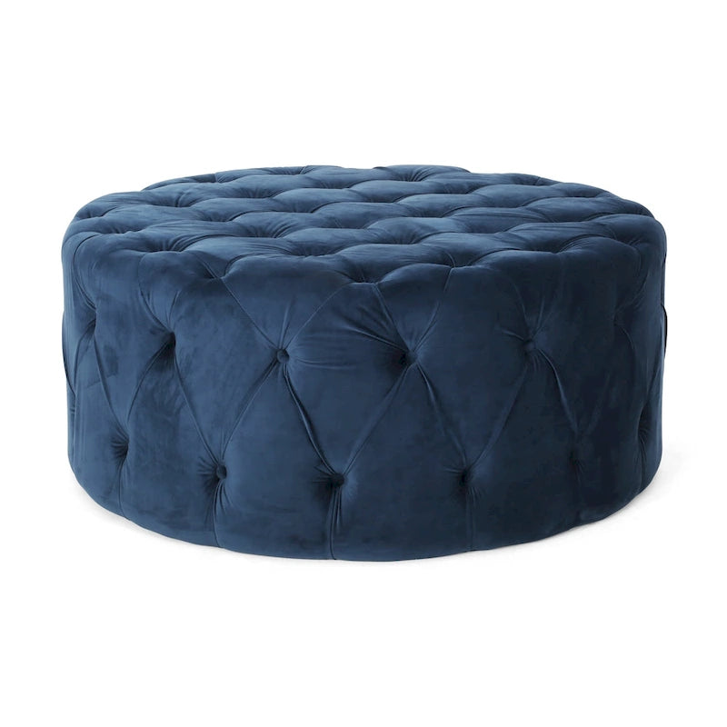 Pouf rotondo trapuntato in velluto – Grigio / Beige / Blu, seduta singola