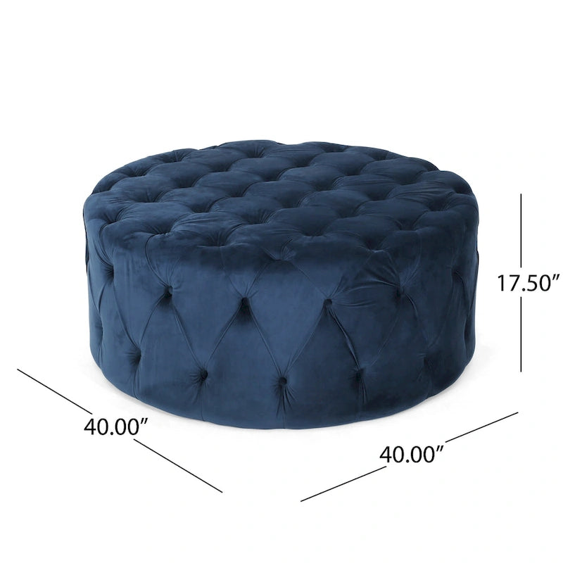 Pouf rotondo trapuntato in velluto – Grigio / Beige / Blu, seduta singola