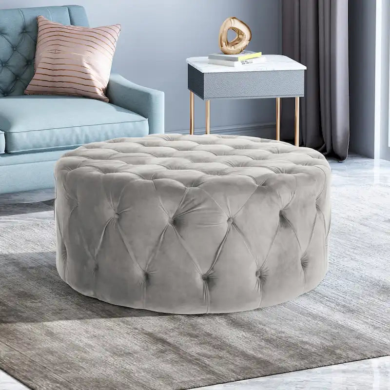 Pouf rotondo trapuntato in velluto – Grigio / Beige / Blu, seduta singola