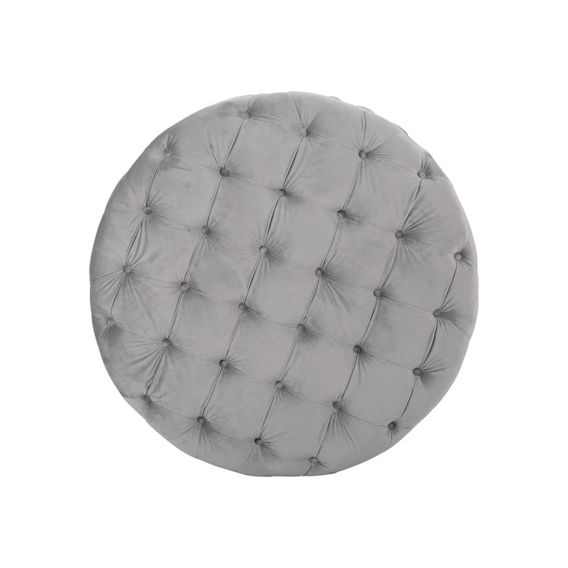 Pouf rotondo trapuntato in velluto – Grigio / Beige / Blu, seduta singola