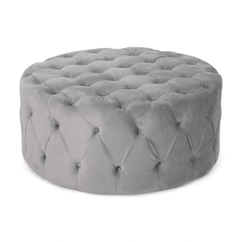 Pouf rotondo trapuntato in velluto – Grigio / Beige / Blu, seduta singola