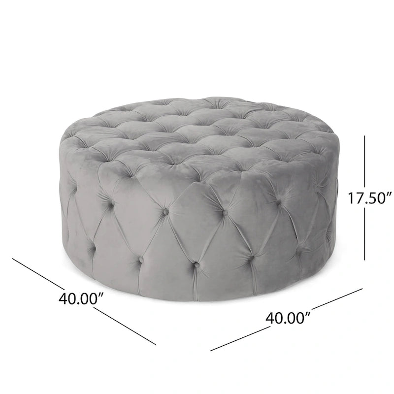 Pouf rotondo trapuntato in velluto – Grigio / Beige / Blu, seduta singola