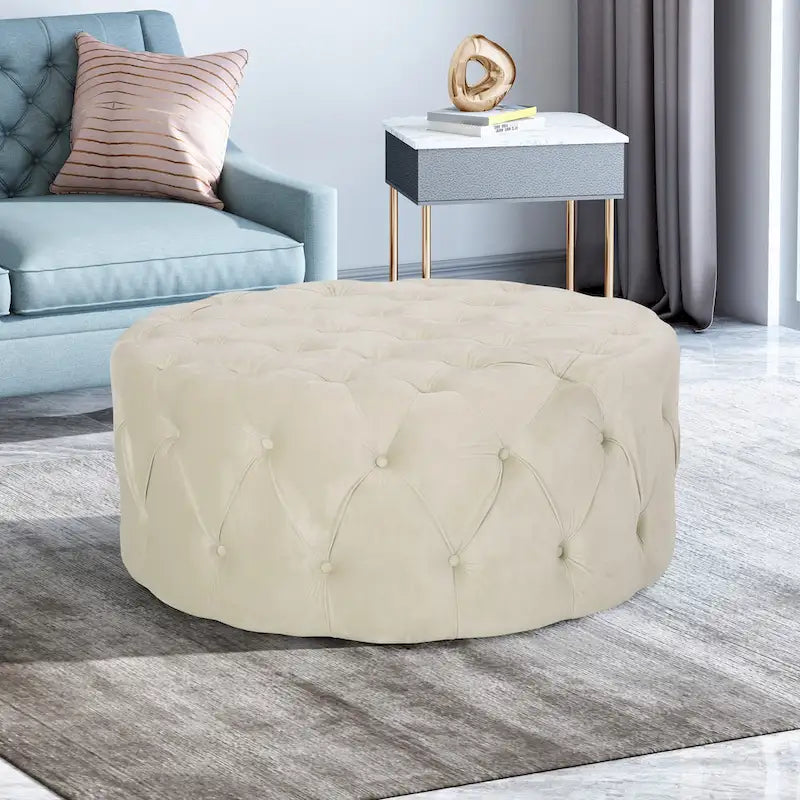 Pouf rotondo trapuntato in velluto – Grigio / Beige / Blu, seduta singola