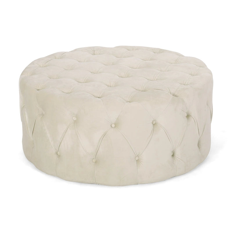 Pouf rotondo trapuntato in velluto – Grigio / Beige / Blu, seduta singola