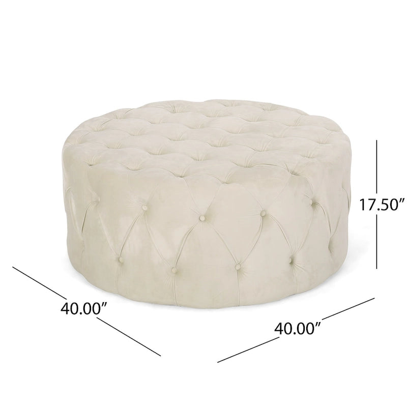 Pouf rotondo trapuntato in velluto – Grigio / Beige / Blu, seduta singola