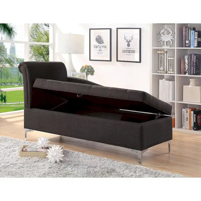 Chaise longue imbottita con bottoni in tessuto di transizione grigio scuro con contenitore, singolo