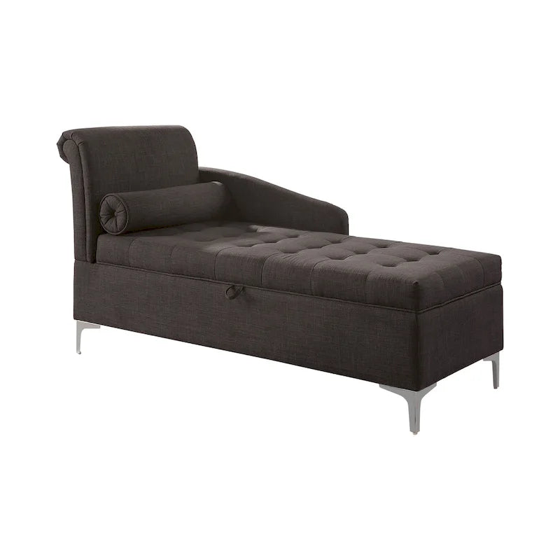Chaise longue imbottita con bottoni in tessuto di transizione grigio scuro con contenitore, singolo