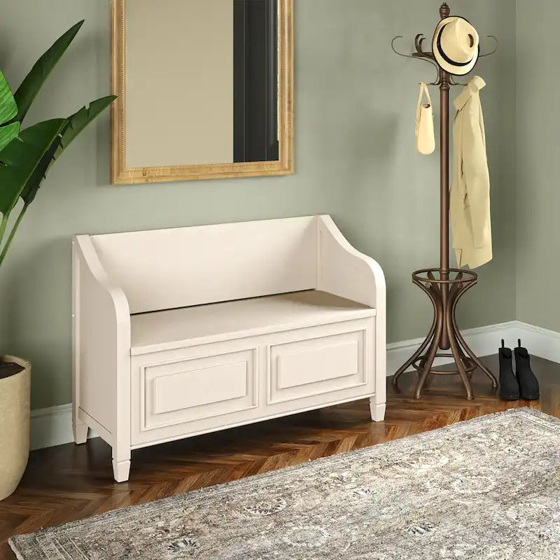 Panca contenitore tradizionale in legno massello, marrone castagna scuro, 2 posti – 107 cm L x 46 cm P x 75 cm H