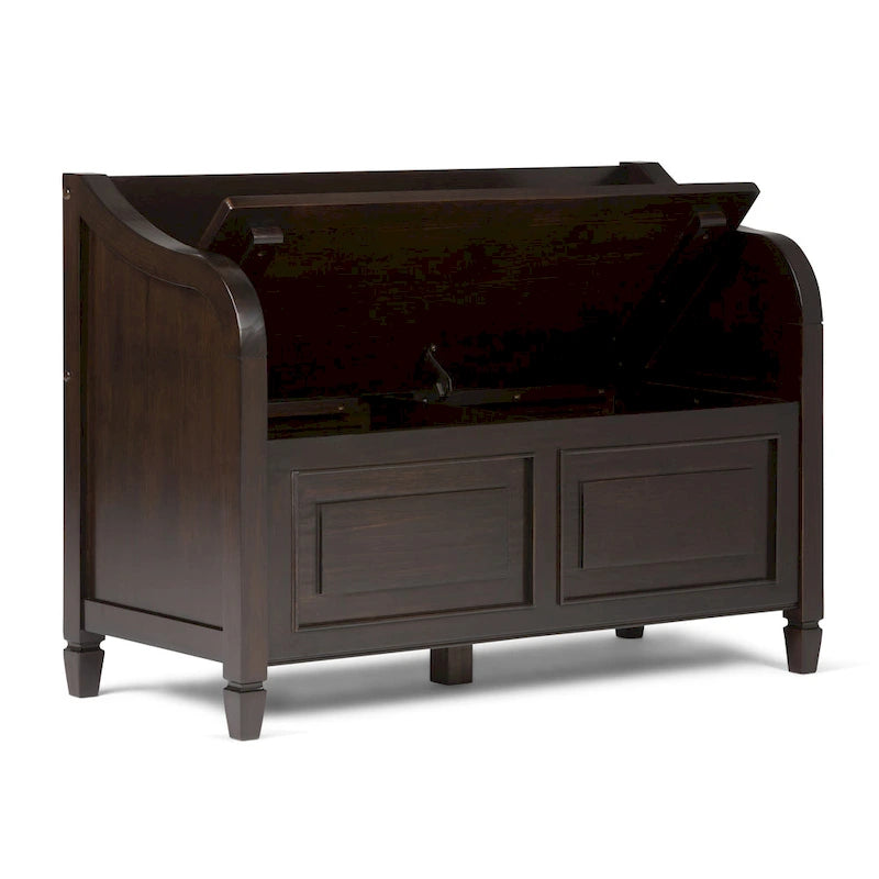 Panca contenitore tradizionale in legno massello, marrone castagna scuro, 2 posti – 107 cm L x 46 cm P x 75 cm H