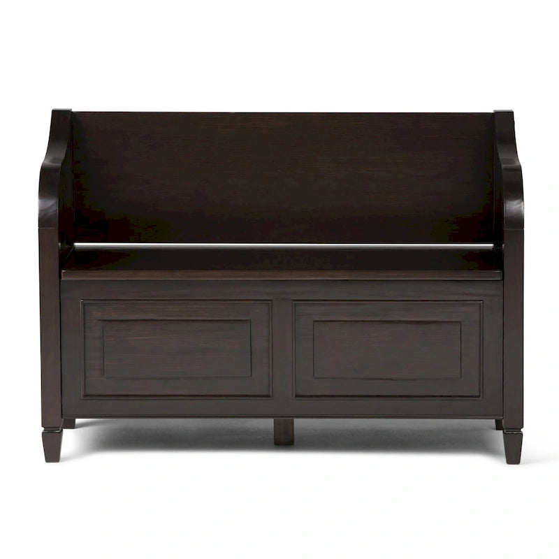 Panca contenitore tradizionale in legno massello, marrone castagna scuro, 2 posti – 107 cm L x 46 cm P x 75 cm H