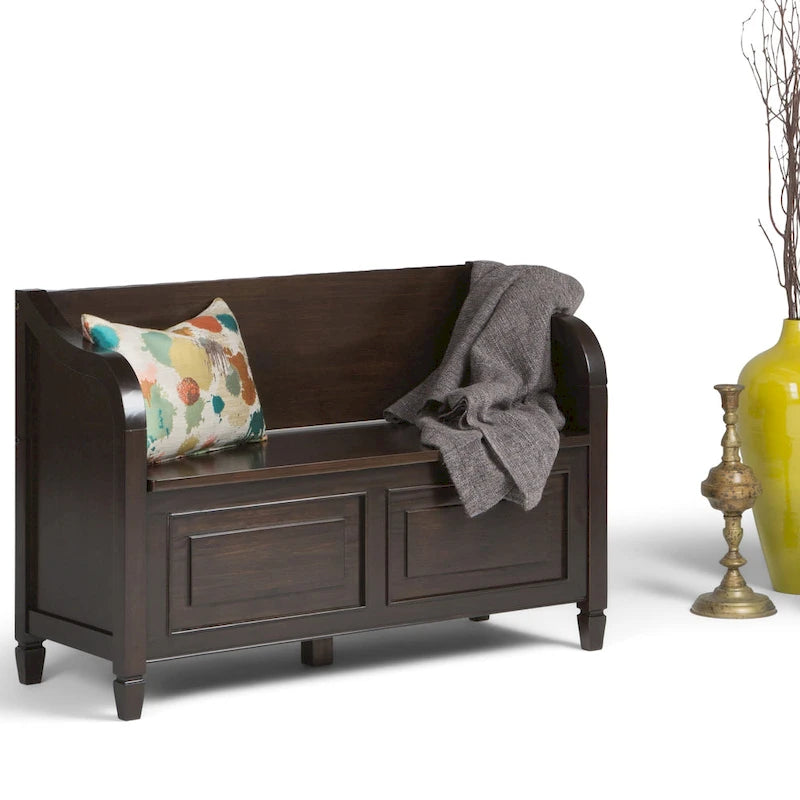 Panca contenitore tradizionale in legno massello, marrone castagna scuro, 2 posti – 107 cm L x 46 cm P x 75 cm H