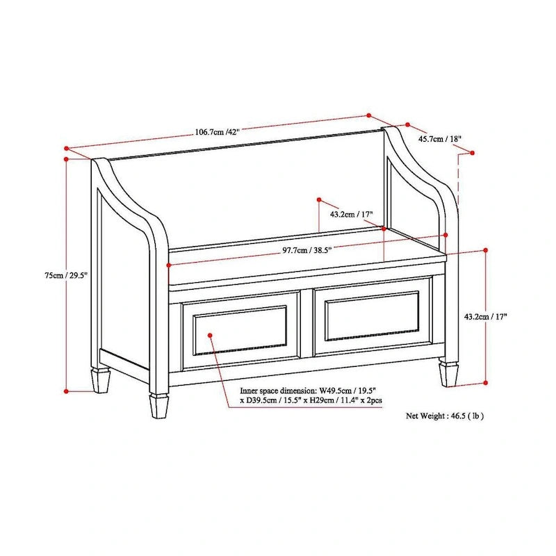 Panca contenitore tradizionale in legno massello, marrone castagna scuro, 2 posti – 107 cm L x 46 cm P x 75 cm H