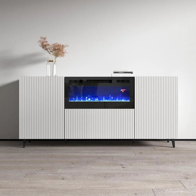 Mobile TV con caminetto elettrico bianco/nero, 180 cm, da montare