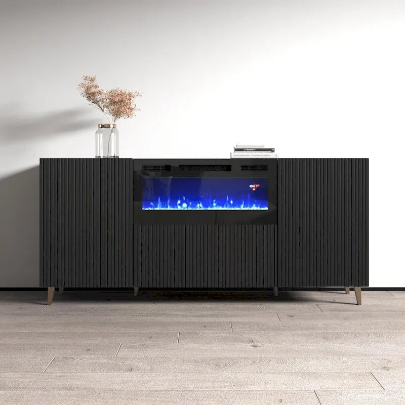 Mobile TV con caminetto elettrico bianco/nero, 180 cm, da montare