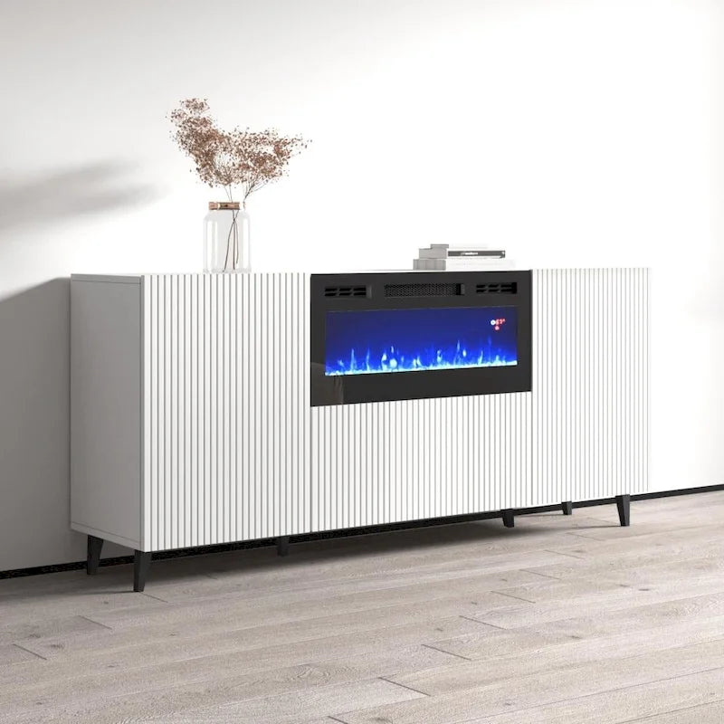 Mobile TV con caminetto elettrico bianco/nero, 180 cm, da montare