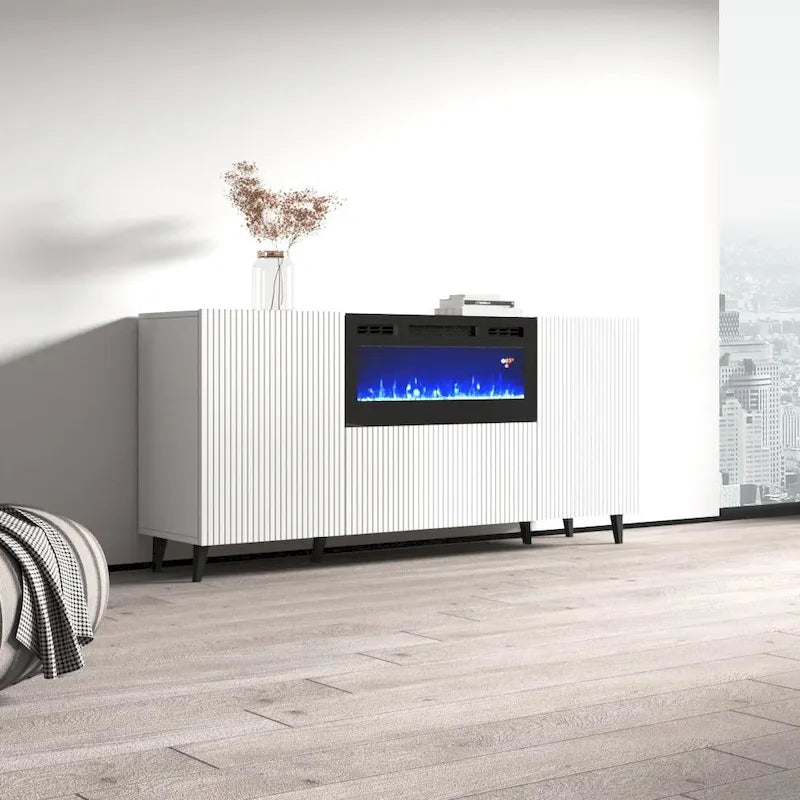 Mobile TV con caminetto elettrico bianco/nero, 180 cm, da montare