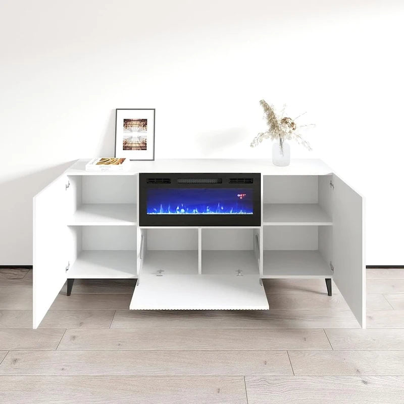 Mobile TV con caminetto elettrico bianco/nero, 180 cm, da montare