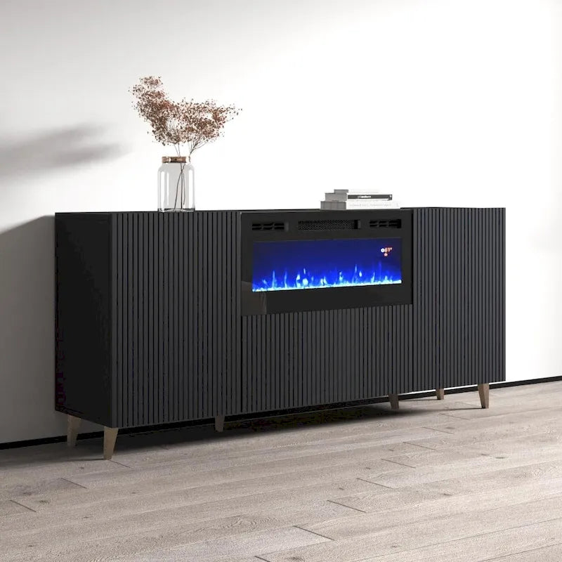 Mobile TV con caminetto elettrico bianco/nero, 180 cm, da montare