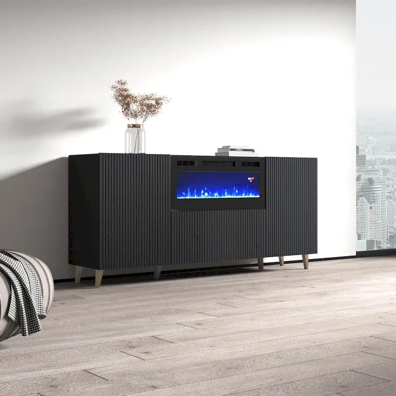 Mobile TV con caminetto elettrico bianco/nero, 180 cm, da montare