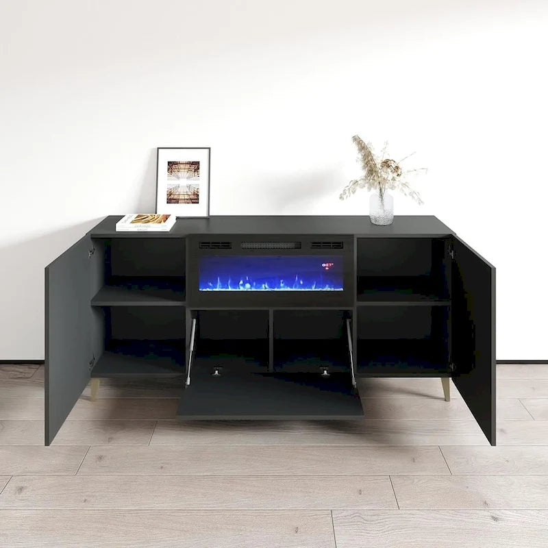 Mobile TV con caminetto elettrico bianco/nero, 180 cm, da montare