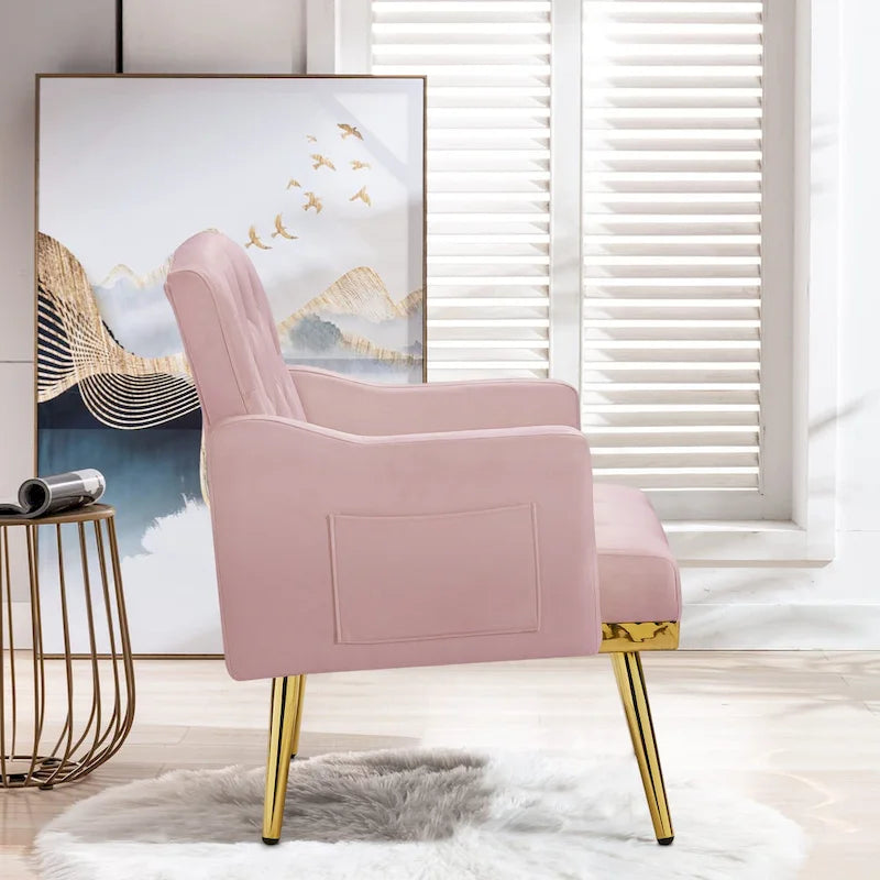 Poltrona Tufted in Velluto Bianco / Nero / Rosa / Verde con Gambe Dorate, Seduta Singola