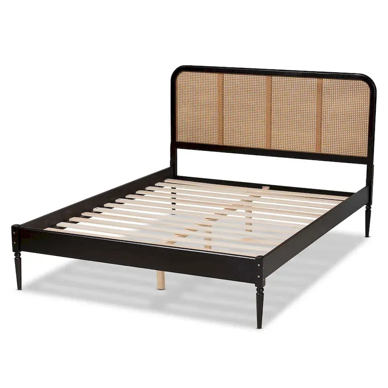 Letto matrimoniale Queen in carbone di legna con testiera in rattan intrecciato in stile Mid-Century