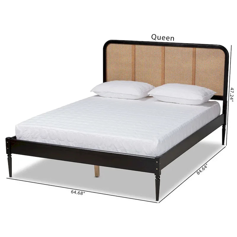 Letto matrimoniale Queen in carbone di legna con testiera in rattan intrecciato in stile Mid-Century