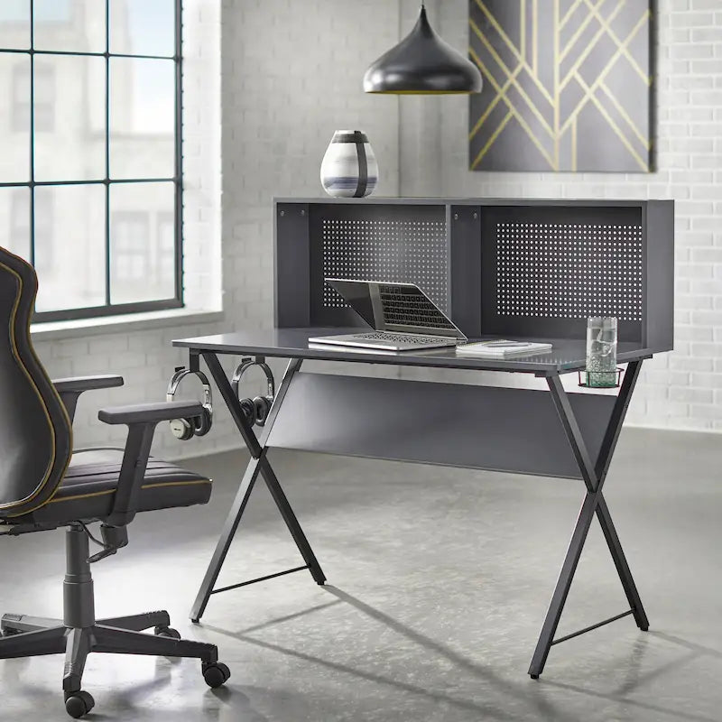 Scrivania monoposto in stile industriale grigia/nera o nera con pannello forato