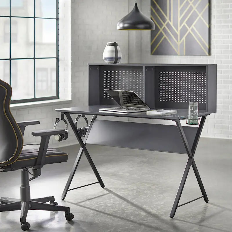 Scrivania monoposto in stile industriale grigia/nera o nera con pannello forato