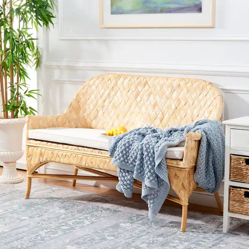 Divanetto/Panca in Rattan Intrecciato Naturale/Bianco, 2 posti, 132 cm (L) x 61 cm (P) x 84 cm (A)