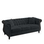 Divano Chesterfield in Velluto Nero, 3 posti, capitonné con braccioli arrotolati e finiture con borchie