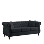 Divano Chesterfield in Velluto Nero, 3 posti, capitonné con braccioli arrotolati e finiture con borchie