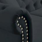 Divano Chesterfield in Velluto Nero, 3 posti, capitonné con braccioli arrotolati e finiture con borchie
