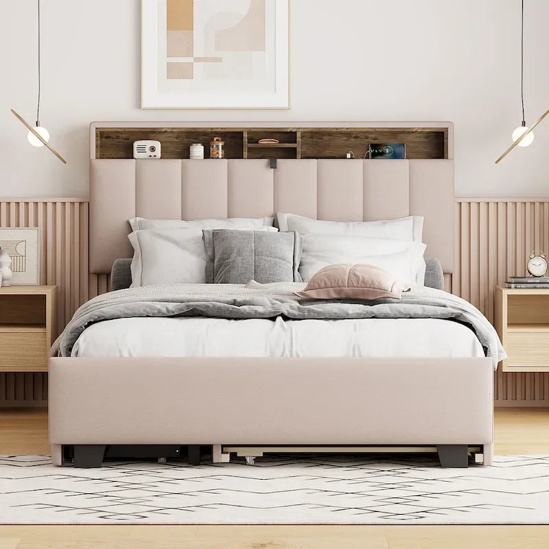 Letto imbottito a piattaforma Full Size con rotelle e 2 cassetti, lino beige, per 2 persone