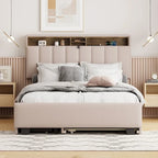 Letto imbottito a piattaforma Full Size con rotelle e 2 cassetti, lino beige, per 2 persone
