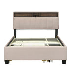 Letto imbottito a piattaforma Full Size con rotelle e 2 cassetti, lino beige, per 2 persone