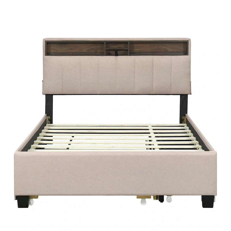 Letto imbottito a piattaforma Full Size con rotelle e 2 cassetti, lino beige, per 2 persone