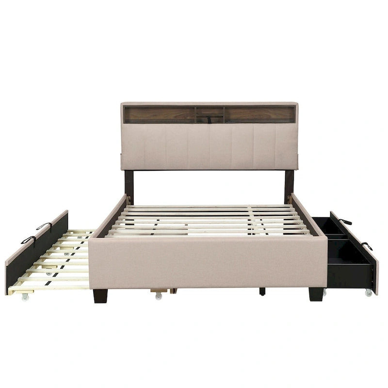 Letto imbottito a piattaforma Full Size con rotelle e 2 cassetti, lino beige, per 2 persone