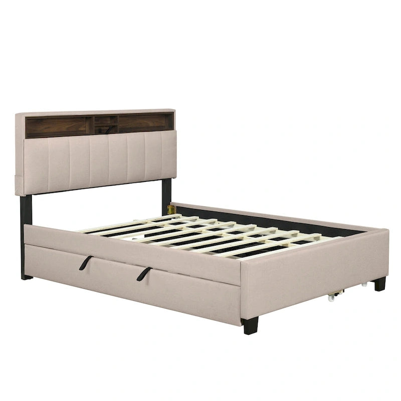 Letto imbottito a piattaforma Full Size con rotelle e 2 cassetti, lino beige, per 2 persone
