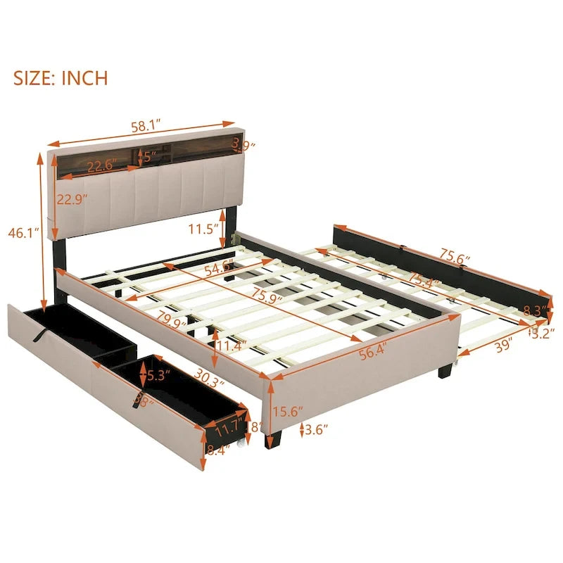 Letto imbottito a piattaforma Full Size con rotelle e 2 cassetti, lino beige, per 2 persone